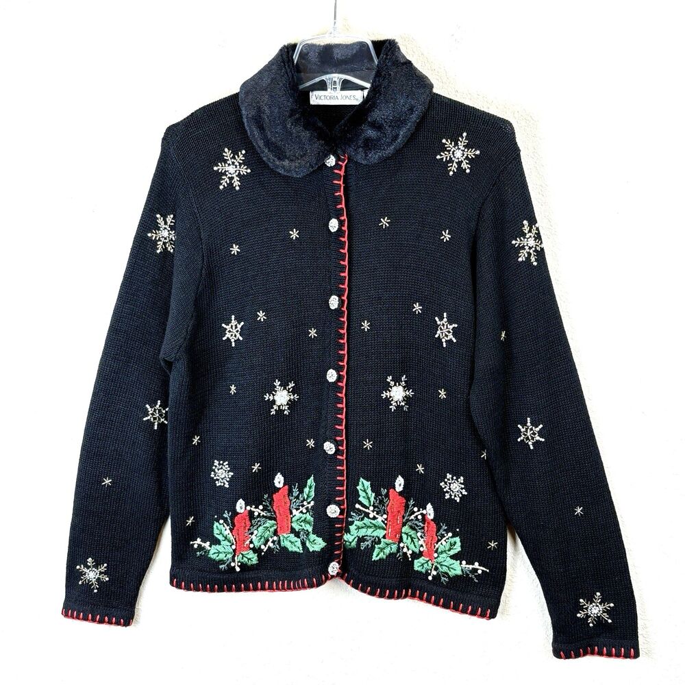 Victoria Jones Womens Christmas Black Knit Cardigan Beaded Faux Fur Collar Sz‎ L